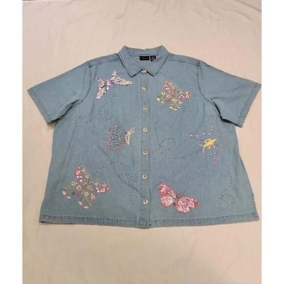 VTG Denim Button Up Blouse Top 4X Tag Embroidered Embellished Butterflies Floral - Picture 1 of 9